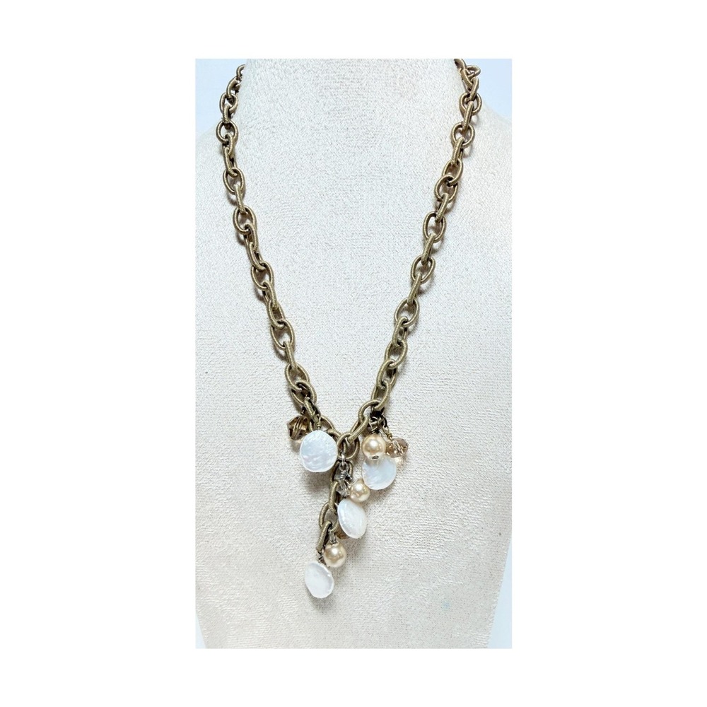 Gold Tone Textured Chain Necklace Glass Bead Dangle Cluster 17"